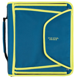 Five Star® Zipper 3-Ring Binder With Expanding File, 2" Round Rings, Teal/Chartreuse