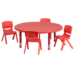 Flash Furniture Round Plastic Height-Adjustable Activity Table And 4 Chair Set, 23-3/4" x 45", Red