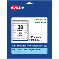 Avery® Permanent Labels With Sure Feed®, 94217-WMP100, Rectangle, 3/4" x 3-1/2", White, Pack Of 2,000