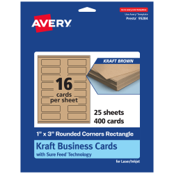 Avery® Printable Rounded Corner Mini Business Cards With Sure Feed® Technology, Print-To-The-Edge, 1"x3", Kraft Brown, Pack Of 400