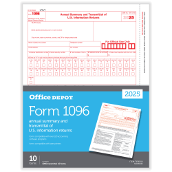 Office Depot® 1096 Laser Tax Forms, 1-Part, 8-1/2" x 11", Pack Of 10 Forms, 510091025