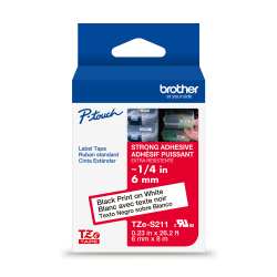 Brother P-Touch TzeS211, Strong Adhesive Laminated, ~1/4in x 26.2ft (6mm x 8m), Black on White Label Tape