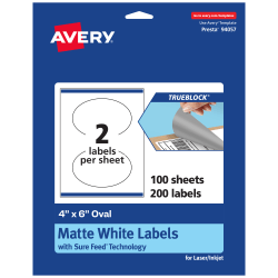 Avery® Print-To-The-Edge TrueBlock® Labels With Sure Feed®, 94057-TWMP100, Oval, 4" x 6", Matte White, Pack Of 200