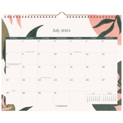 2024-2025 Cambridge® Haven Monthly Academic Wall Calendar, 15" x 12", Floral, July 2024 To June 2025, 1714-707A