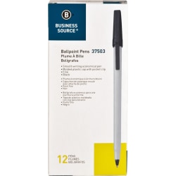 Business Source Fine Point Ballpoint Stick Pens - Fine Pen Point - Black - Light Gray Barrel - Stainless Steel Tip - 1 Dozen