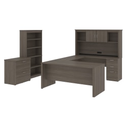 Bestar Logan U-Shaped Desk With Hutch, Lateral File Cabinet And Bookcase, Bark Gray