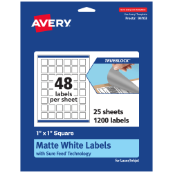 Avery® Print-To-The-Edge TrueBlock® Labels With Sure Feed®, 94103-TWMP25, Square, 1" x 1", Matte White, Pack Of 1200