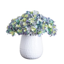 Nearly Natural 11"H Artificial Hydrangea Arrangement With Metal Vase, 11"H x 10"W x 10"D, White/Blue