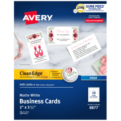Avery® Clean Edge® Printable Business Cards With Sure Feed Technology For Inkjet Printers, 2" x 3.5", White, 400 Blank Cards