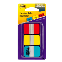Post-it® Notes Durable Filing Tabs, 1" x 1-1/2", Blue/Red/Yellow, 22 Flags Per Pad, Pack Of 3 Pads