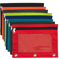 Trailmaker 3-Ring Pencil Cases, 7-1/4"H x 10"W x 1/2"D, Assorted Colors, Pack Of 100 Cases