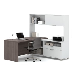 Bestar Pro-Linea 72"W L-Shaped Corner Desk With Drawers And Hutch, Bark Gray