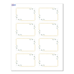 Avery® Printable Adhesive Name Badges/Preprinted Designs, Rectangle, S00-EY9, 2-1/3" x 3-3/8", Matte White/Green Florals/Gold Dots, Pack Of 80