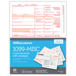 Office Depot® Brand 1099-MISC Laser Tax Forms And Envelopes, 4-Part, 2-Up, 8-1/2" x 11", Pack Of 10 Form Sets