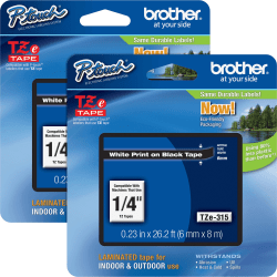 Brother® P-touch TZe Laminated Tape Cartridges, 1/4"W x 26 1/4'L , Rectangle, White, 2 Per Bundle