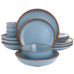 Soho Lounge Lagos 16 Piece Terracotta Double Bowl Dinnerware Set, Solid Matte Blue