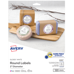 Avery® Easy Peel® TrueBlock® Print-To-The-Edge Inkjet/Laser Labels, Round, 22807, 2" Diameter, White, Pack Of 120
