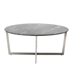Eurostyle Llona Round Coffee Table, 15-4/5"H x 36"W x 36"D, Brushed Steel/Black Marble