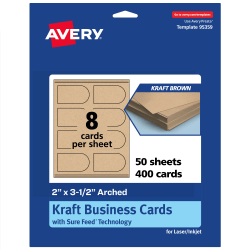 Avery® Print-To-The-Edge Business Cards With Sure Feed® Technology, 2"x3-1/2" Arched, Kraft Brown, Pack Of 400