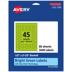 Avery® Printable Labels With Sure Feed® Technology, 94749-BGP80, Barbell, 1/2" x 2-1/2", Matte Bright Green, Pack of 3600