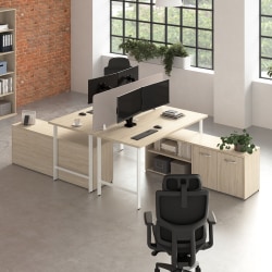 Bush Business Furniture Hustle 2 Person Computer Desk with Low Storage Cabinets, Power Grommets, and Privacy Screen, Natural Elm,   - HUS015NE