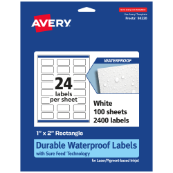Avery® Waterproof Permanent Labels With Sure Feed®, 94220-WMF100, Rectangle, 1" x 2", White, Pack Of 2,400
