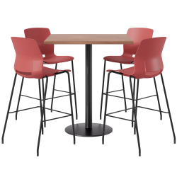 KFI Studios Proof Bistro Square Pedestal Table With Imme Bar Stools, Includes 4 Stools, 43-1/2"H x 36"W x 36"D, Cafelle Top/Black Base/Coral Chairs