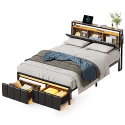 Bestier Metal Frame Platform Bed with Charge Station, Storage Headboard and Drawers, Full Size, Rustic Brown