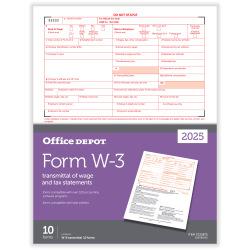 Office Depot® W-3 Laser Tax Forms, 1-Part, 8-1/2" x 11", Pack Of 10 Forms, 520091025