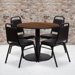 Flash Furniture Round Laminate Table Set With Round Base And 4 Trapezoidal-Back Banquet Chairs, 30"H x 36"W x 36"D, Walnut/Black