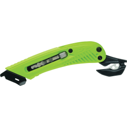 PHC Pacific Safety 3 Position Box Cutter - Ergonomic Handle, Safety Guard, Accurate Cutting/Trimming, Durable, Retractable, Tape Notch - Plastic - Green - 1 Each