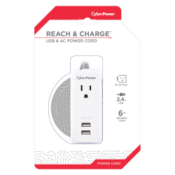 CyberPower® GC106U Reach And Charge™ USB And AC Power Cord, 6’, White