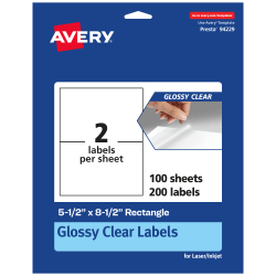 Avery® Glossy Permanent Labels, 94229-CGF100, Rectangle, 5-1/2" x 8-1/2", Clear, Pack Of 200