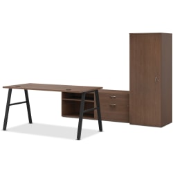HON® Mod A-Leg 84"W Table Writing Desk With Credenzas And Storage Tower, Sepia Walnut/Black