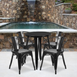 Flash Furniture Commercial-Grade Round Metal Indoor/Outdoor Table Set With 4 Arm Chairs, Black