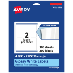 Avery® Glossy Permanent Labels With Sure Feed®, 94255-WGP100, Rectangle, 4-3/4" x 7-3/4", White, Pack Of 200