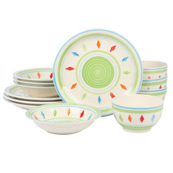 Gibson Home Heidy 12-Piece Hand-Painted Durastone Dinnerware Set, White/Green
