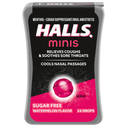 HALLS Mini Sugar Free Watermelon Throat Drops, Refreshing Flavor, Sugar Free, 24 Drops, 1 Pack