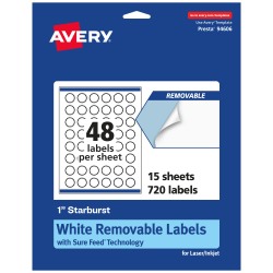 Avery® Removable Labels With Sure Feed®, 94606-RMP15, Starburst, 1", White, Pack Of 720 Labels