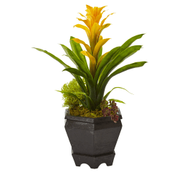 Nearly Natural Bromeliad 16-1/2"H Artificial Plant With Hexagon Planter, 16-1/2"H x 12"W x 12"D, Yellow/Black