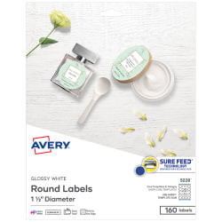 Avery® Print-To-The-Edge Easy Peel® Labels With Sure Feed® Technology, 5228, Round, 1-1/2" Diameter, Glossy White,  Pack Of 160