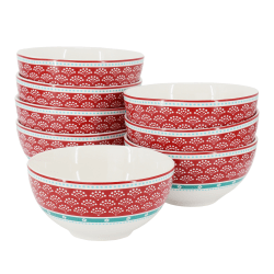 Gibson Home Village Vines Floral 8-Piece Fine Ceramic Bowl Set, 6", White/Red Multicolor