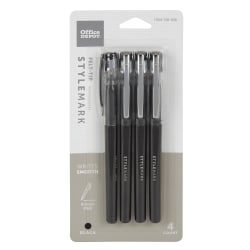 Office Depot® Brand Felt-Tip Pens, Fine Point, 0.5 mm, Black Barrel, Black Ink, Pack Of 4
