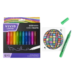 Vivid by Brea Reese Glitter Markers, Round Tip, Assorted Colors, Total Qty 12