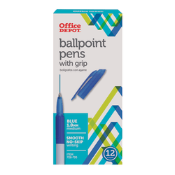 Office Depot® Brand Grip Ballpoint Pens, Medium Point, 1.0 mm, White Barrel, Blue Ink, Pack Of 12 Pens