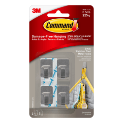 3M™ Command™ Damage-Free Removable Metal Hooks, Small, 5/8" x 3/4" x 1 1/4", Stainless Steel, Pack Of 4 Hooks