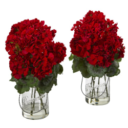 Nearly Natural Geranium 14"H Artificial Floral Arrangements With Vase, 14"H x 8"W x 8"D, Red, Set Of 2