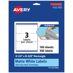 Avery® TrueBlock® Labels With Sure Feed®, 94251-TWMP100, Rectangle, 3-1/4" x 8-3/8", Matte White, Pack Of 300