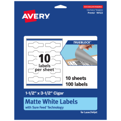 Avery® Print-To-The-Edge TrueBlock® Labels With Sure Feed®, 94122-TWMP10, Cigar, 1-1/2" x 3-1/2", Matte White, Pack Of 100