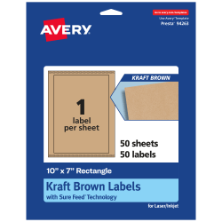 Avery® Kraft Permanent Labels With Sure Feed®, 94263-KMP50, Rectangle, 10" x 7", Brown, Pack Of 50
